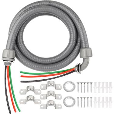 Imagem de Kit de conduíte líquido de 2,5 m, chicote elétrico pré-cabeado de 1/5.1 cm com fios de cobre THHN de 3 × 10AWG, extremidades de fio desencapado, conectores retos e de 90°, fiação A/C HVAC externa