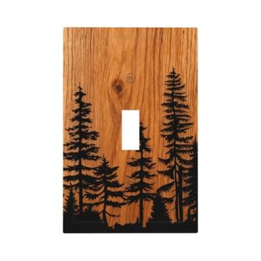 Imagem de Capa de interruptor de luz rústica fazenda marrom floresta pinheiro impressão de grão de madeira 1 gangue placa de parede com interruptor único placa decorativa elétrica placa frontal para banheiro