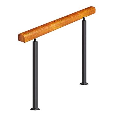 Imagem de DKXCOSQ Corrimão de escada de madeira maciça para piso interno e externo, corrimão antiderrapante, trilho de mão de segurança com barra de suporte de ferro forjado preto e 2 postes