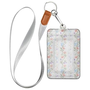 Imagem de Burbuja Porta-crachá de couro com cordão, etiqueta de identificação de flores com 1 janela transparente para identidade e 2 compartimentos para cartão para escritório, enfermeira, professor, médico