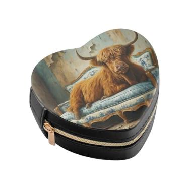 Imagem de Burbuja Caixa de joias em forma de coração de vaca Highland Mini estojo de joias de viagem para mulheres e meninas, estojo portátil organizador de armazenamento para brincos, anéis, colares e