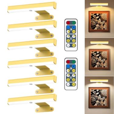 Imagem de Pacote com 6 lâmpadas de imagem sem fio com controle remoto, arandelas de parede operadas por bateria para decoração de parede, temporizador de 3 cores e luz de pintura regulável, lâmpada de exibição