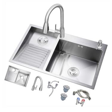Imagem de Pia de lavanderia dupla de aço inoxidável com lavatório, lavatório doméstico, torneira removível, fácil de limpar, ideal para banheiro e despensa
