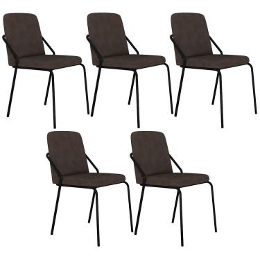 Imagem de Kit 05 Cadeiras Estofada Para Sala De Jantar Loft Preto C01 Bouclê Marrom - Lyam Decor