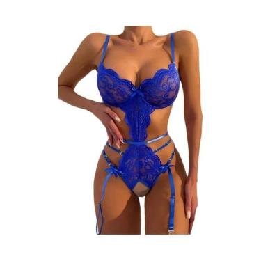 Imagem de Conjunto De Sutiã De Renda Azul Com Alças Para Mulheres, Lingerie Sexy