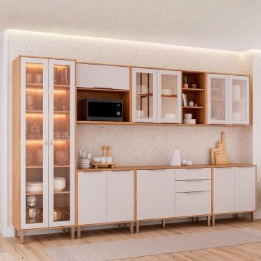 Imagem de Cozinha Modulada 7 Peças Brilhante com 1 Cristaleira 3 Balcões 3 Armários Aéreo Cinamomo/Offwhite