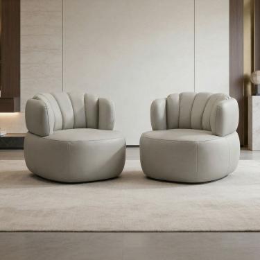 Imagem de Kit 02 Poltronas Giratória Orgânica Para Sala Living Oceane L06 Couro Pérola - Lyam Decor