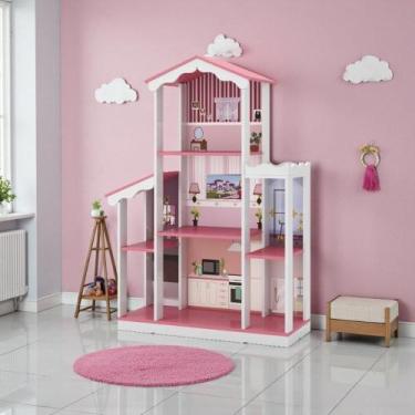 Imagem de Casa de Bonecas Infantil Completa Modelo Branco Rosa para Quarto Branc