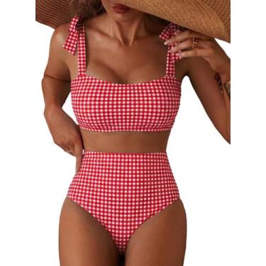 Imagem de Conjunto de Biquíni Feminino Herseas Vermelho Xadrez com Cintura Alta