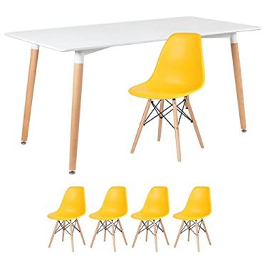 Imagem de Loft7, Kit - Mesa de jantar retangular Eames 80 x 160 cm branco + 4 cadeiras Eiffel Dsw Amarelo
