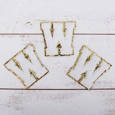 Imagem de Pacote com 3 adesivos de Chenille Iron On Glitter Varsity Letter 5 cm de altura "W" - Tecido de chenille branco com acabamento em glitter dourado - Costurar ou passar a ferro - 5 cm WHT W