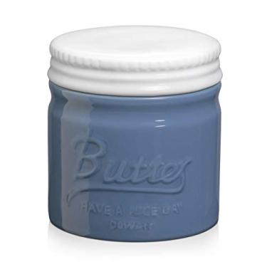 Imagem de Pote de manteiga de porcelana DOWAN, manteiga francesa com tampa, recipiente de manteiga em relevo para manteiga macia, grande capacidade e linha de água humanizada, azul arejado