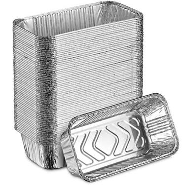 Imagem de Mini formas de assar de alumínio supergrosso – Tamanho padrão 21,5 pol. x 4,5 pol. Lona 2LB Estanho de cozimento – Alumínio ecológico reciclável – recipientes portáteis de armazenamento de alimentos, 50