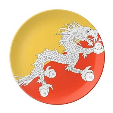 Imagem de Prato de porcelana decorativa com bandeira nacional do Butão da Ásia, Prato de jantar