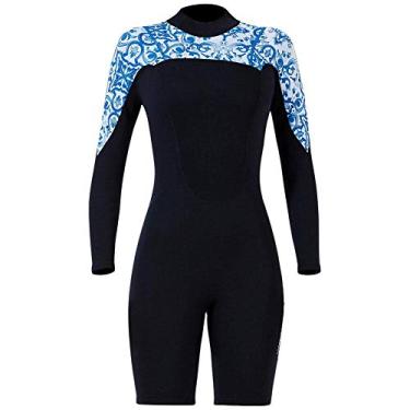Imagem de Oyunngs Roupa de mergulho para mergulho, roupa de mergulho de manga curta, roupa de mergulho de neoprene 2 cores para mergulho com snorkel (azul feminino, P)