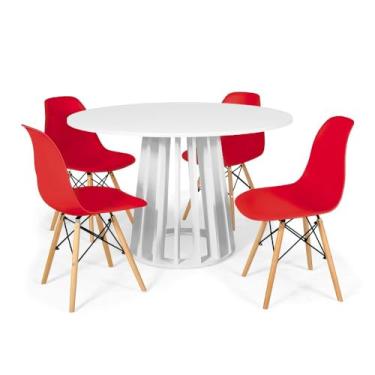 Imagem de Conjunto Mesa de Jantar Redonda Talia Branca 120cm com 4 Cadeiras Eames Eiffel - Vermelho