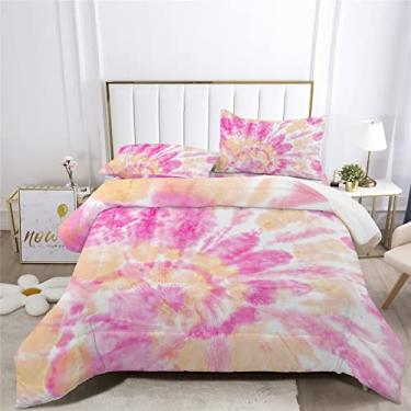 Imagem de Conjunto de edredom rosa tie-dye decoração tie-dye em um saco, 7 peças, conjunto de cama hippie redemoinho, incluindo 1 lençol com elástico + 1 edredom + 4 fronhas + 1 lençol de cima (B, cama queen em