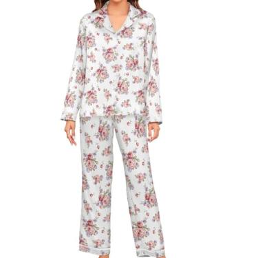 Imagem de JUNZAN Conjunto de pijama feminino Flower Element de manga comprida de cetim, pijama com botões, Elemento de flor, P