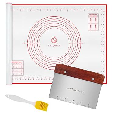 Imagem de SiliQueen Tapete de silicone para assar pastelaria com medidas extra uma escova e um raspador de massa – 80 cm x 60 cm resistente ao calor, livre de BPA, tapete antiaderente para massa de enrolar – fácil de limpar, vermelho