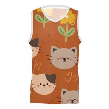 Imagem de KLL Camiseta de jérsei de basquete laranja gato e flor de desenho animado presentes confortáveis grafite camisa de jérsei para homens e, Gato de desenho animado e flor laranja, 3G