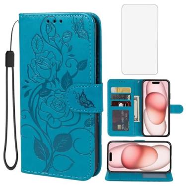 Imagem de Vavies Capa para iPhone 15 de 6,1 polegadas, capa carteira para Apple 15 com protetor de tela de vidro temperado, capa de couro floral com suporte para cartão de crédito para iPhone 15 azul