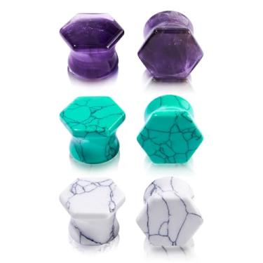 Imagem de Qmcandy Conjunto de 6 peças de alargadores de orelha de pedra mista, alargador de sela, conjunto de piercing corporal 2g-5/20.3 cm, Pedra, Zircônia cúbica
