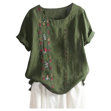 Imagem de Camisetas femininas de verão 2024 casuais de linho de algodão manga curta gola redonda camisetas estampadas florais grandes, Ofertas Relâmpago Verde Exército, 4G