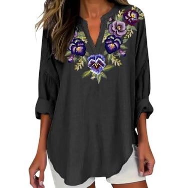 Imagem de Camisetas femininas de verão Alzheimer Awareness Blusas de linho manga comprida camiseta roxa floral gráfica túnica, Preto, XXG