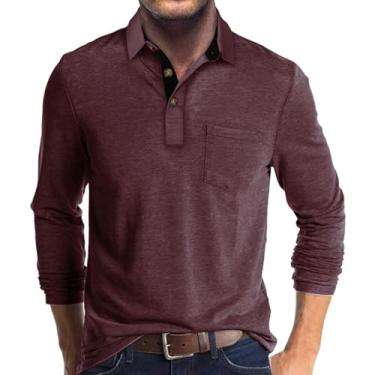 Imagem de Camisas polo casuais masculinas clássicas botão básico manga longa cor sólida camisetas de algodão elegantes tops, Vermelho escuro, 3G