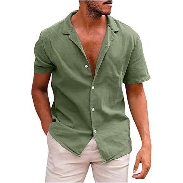 Imagem de Camiseta masculina outono verão manga curta longa linho básico camiseta masculina 2024, L-854 Verde limão militar, P