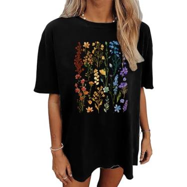 Imagem de CAZYCHILD Camisetas estampadas femininas grandes com estampa de flores, boêmio, flores silvestres, casual, verão, tops, Arco-íris - preto, G