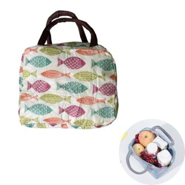 Imagem de Bolsa Sacola Térmica Lancheira Com Alça Marmita Reutilizável Impermeável Viagem Academia Passeios Trabalho Feminina Masculina (Branco com peixes)
