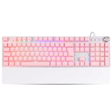 Imagem de Teclado Gamer Mecânico Adamantiun Karambit T11 Switch Blue Removível Qwerty Português Brasil Cor Branco E Rosa Leds Rgb Com Fio Usb
