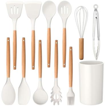 Imagem de E-far Conjunto de 12 utensílios de cozinha, utensílios de cozinha de silicone com suporte, antiaderentes e resistentes ao calor, inclui espátula, espátula, espátula, espátula, espátula, espátula,