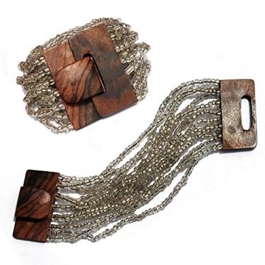 Imagem de Pulseira étnica Bali com contas transparentes com fecho de fivela de madeira dura - 14 fios elásticos - 5 cm de largura, 8 inches