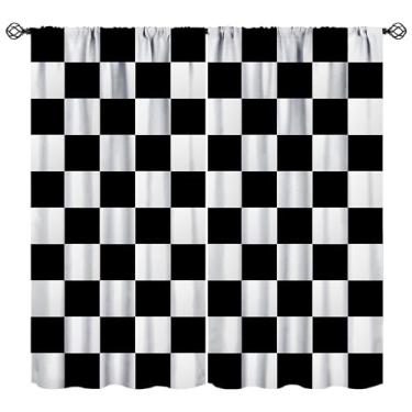Imagem de Cortinas blackout de corrida para decoração de quarto infantil, simples, preto e branco, estampa de bandeira quadriculada, arte impressa, cortinas de janela L80 x C 182 cm, 2 painéis