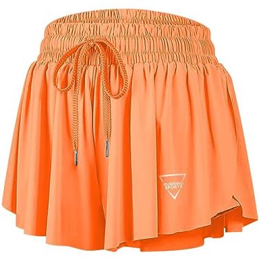 Imagem de Short esportivo feminino 2 em 1 rodado com bolso borboleta corrida shorts de treino elastano para academia, ioga, verão, Laranja, PP