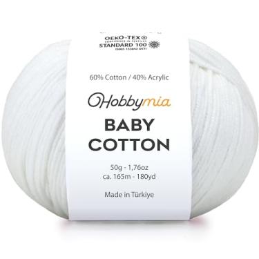 Imagem de HobbyMia Fio de algodão para bebês para crochê - 50 g / 180 m - (2) fio fino, peso esportivo - fio Amigurumi macio para linha de crochê - 60% algodão e 40% acrílico (branco, 1 bola)