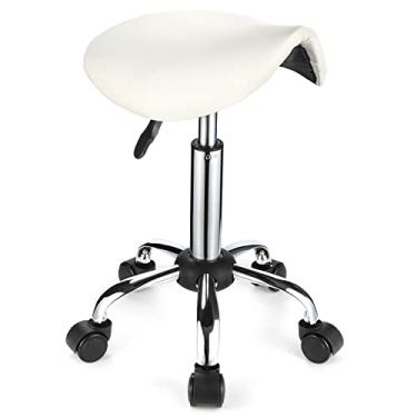 Imagem de FNZIR Tamborete de Rolamento de Sela com Rodas Couro do Plutônio Altura Ajustável Bancos Giratórios Cadeira Branca