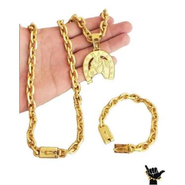 Imagem de Corrente Cadeado 12mm + Pulseira + Pingente - Banhado a Ouro - ToJoia1