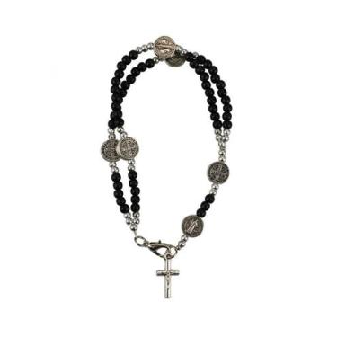 Imagem de Pulseira Terço Contas Pretas Cinza ou Branco Crucifixo 7.5cm - tasco, 