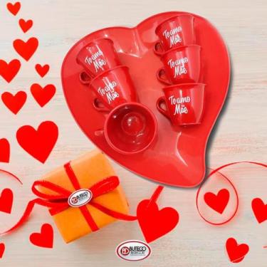 Imagem de Conjunto prato coração vermelho + 6 xicaras vermelhas personalizadas  