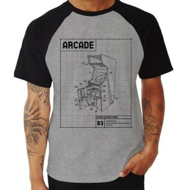 Imagem de Camiseta Raglan Arcade Fliperama Projeto - Foca na Moda, Cinza, Preto,