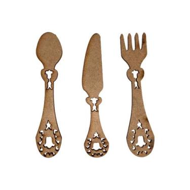 Imagem de Aplique Colher Faca Garfo 8cm Kit 6un Mdf Madeira Cru - ATACADÃO DO AR