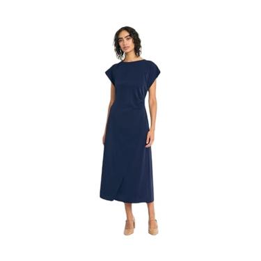 Imagem de Luxely Vestido feminino elegante com gola canoa, manga cavada, franzido, evasê, assimétrico, formal, festa, coquetel, Azul noturno, 50