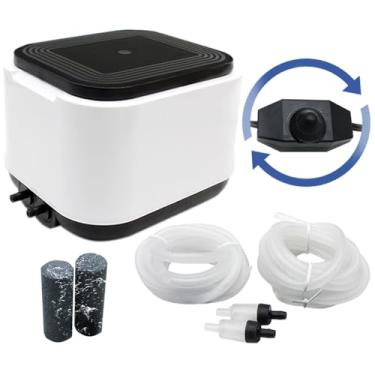 Imagem de YQMIGU Bomba de ar de aquário pequena silenciosa para aquário de 300 galões, 2 saídas de ar silenciosa e ajustável bomba aeradora para Livewell 190GPH 5W, incluindo pedras de ar cilíndricas, tubulação