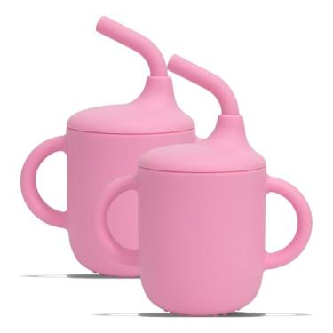 Imagem de NICINGU Pacote com 2 copos de silicone e copo de treinamento para bebês de 6 meses + canudo macio e alças abertas para crianças de 6 a 12 meses - Rosa