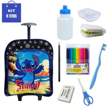 Imagem de Mochila Kit Material Escolar Stitch Completo Lancheira Garrafa Canetin
