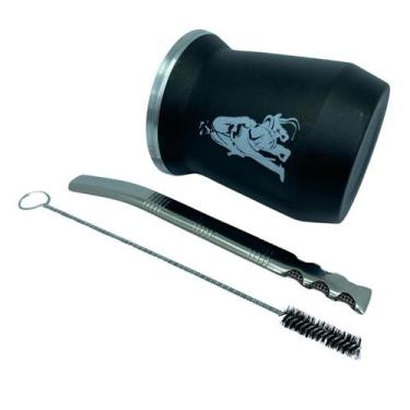 Imagem de Kit tereré cuia copo redondo 350ml alumínio parede dupla preto + bomba