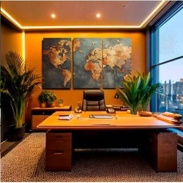 Imagem de Quadro Mapa-Múndi Triplo Vintage - Decoração em Tela Acetinada, Tons Terrosos e Azuis, Pronto para Pendurar (150x80cm)